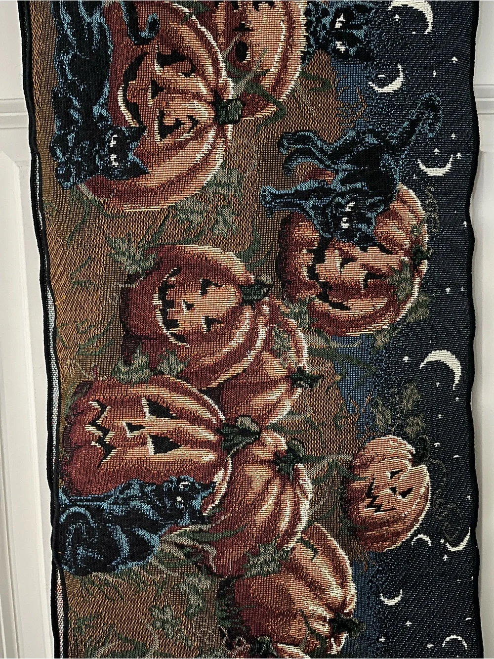 Vintage Pumkatz Halloween Tapestry Table Runner 13x72 Pumpkin Black Cat tassels
